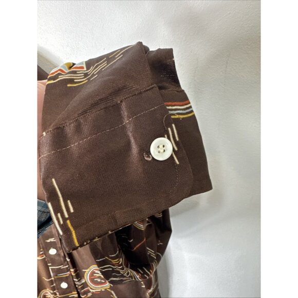 Vintage 70s Disco Geometric Print Button Down Shirt Brown M 15-15.5 - Picture 3 of 5